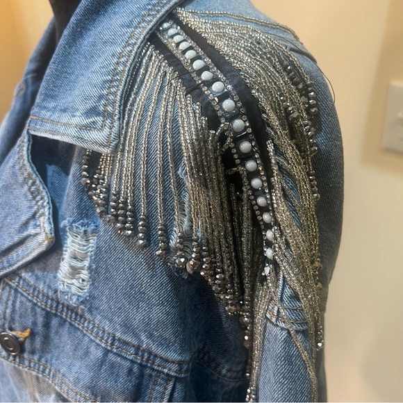 Forever 21 BEADED RHINESTONE Embellished Tassels Denim Crop Jacket Medium - Picture 5 of 13